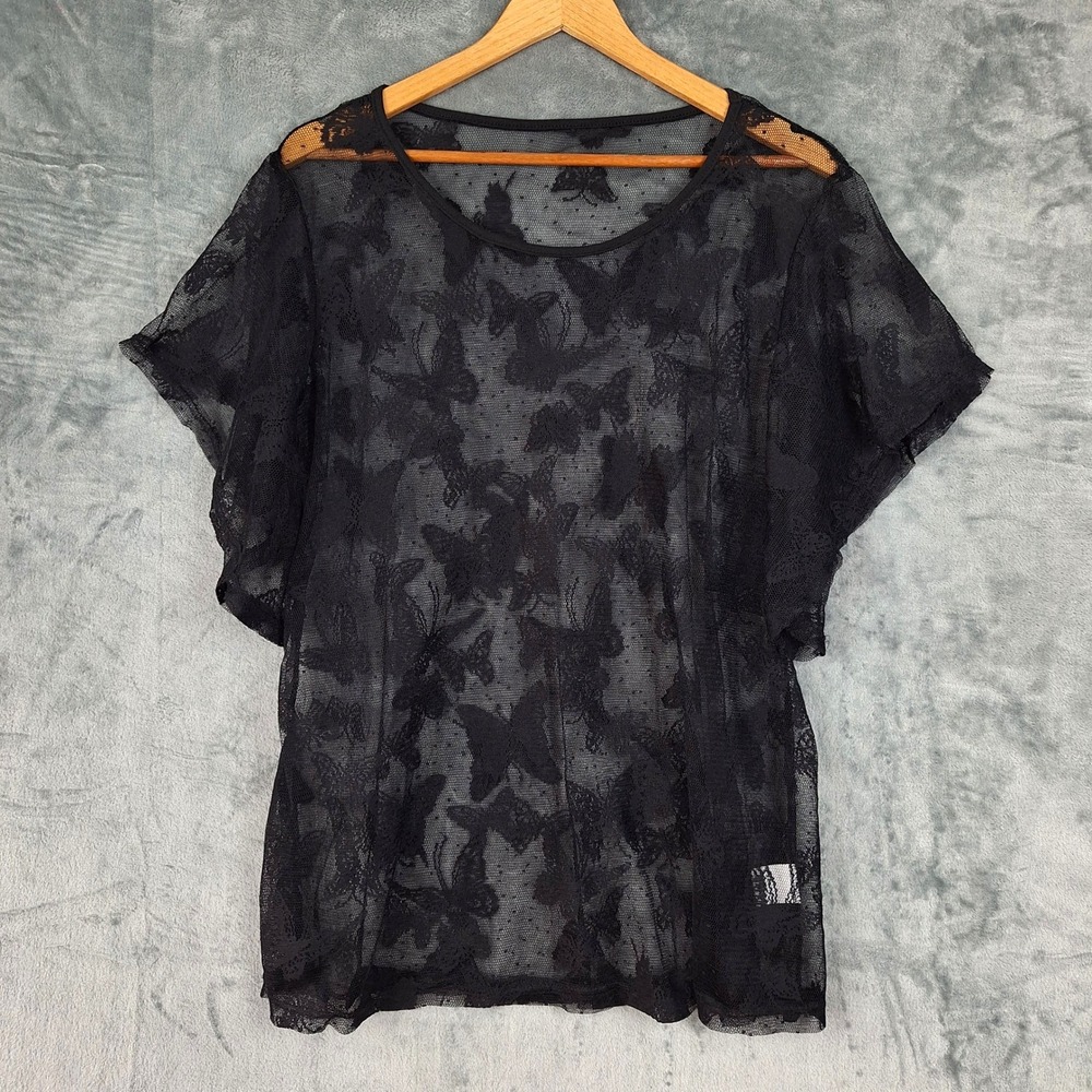 Womens Top XXL Black Whimsigoth Dark Romantic Butterfly Lace Sheer Fairy Grunge